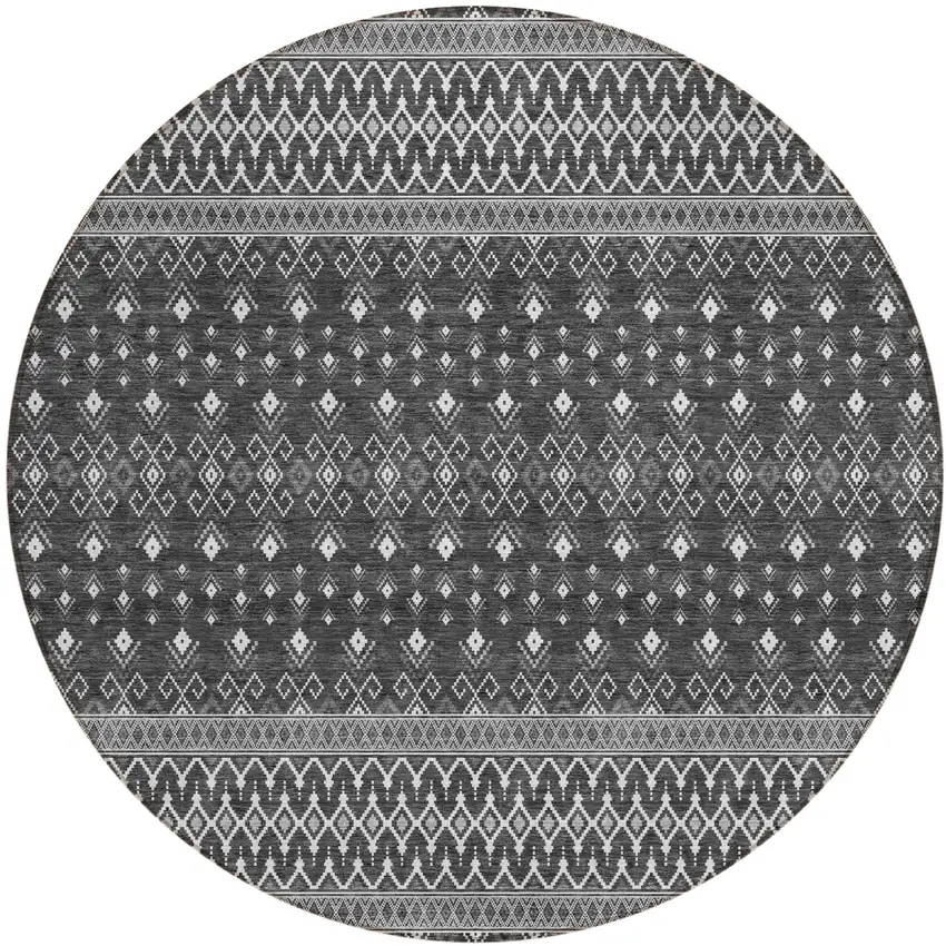 8' Gray Silver And Charcoal Round Tribal Washable Indoor Outdoor Area Rug Photo 1