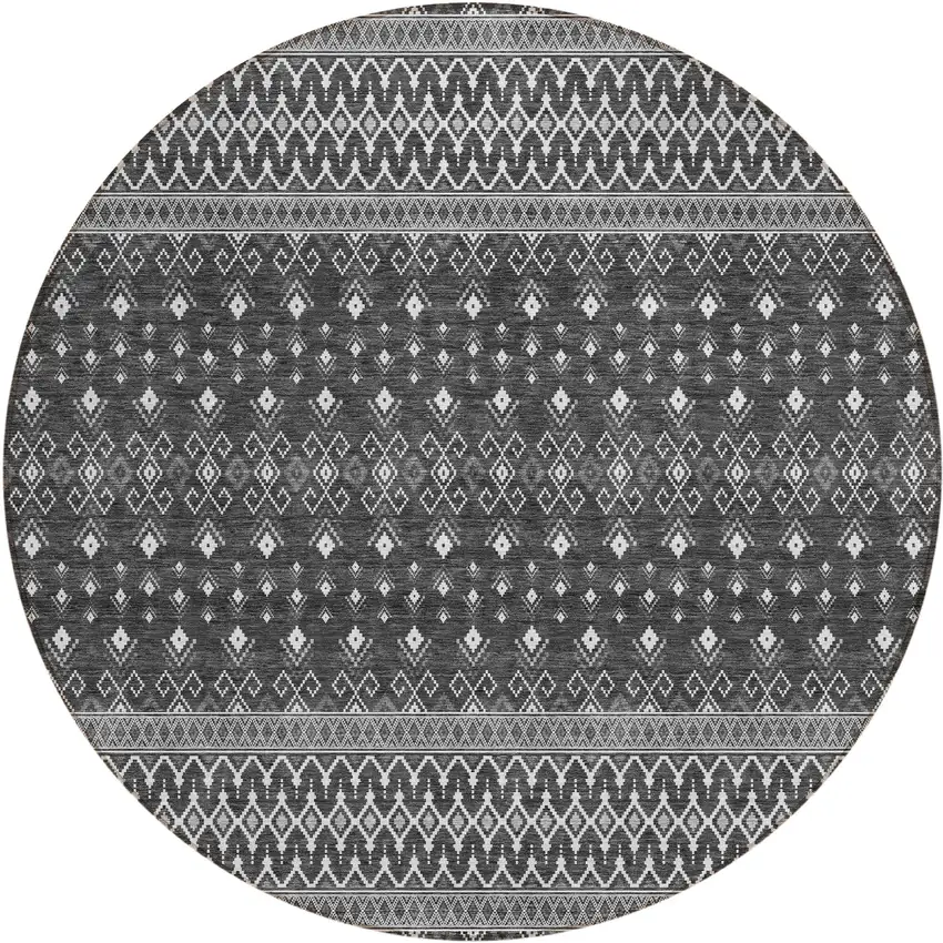 8' Gray Silver And Charcoal Round Tribal Washable Indoor Outdoor Area Rug Photo 1