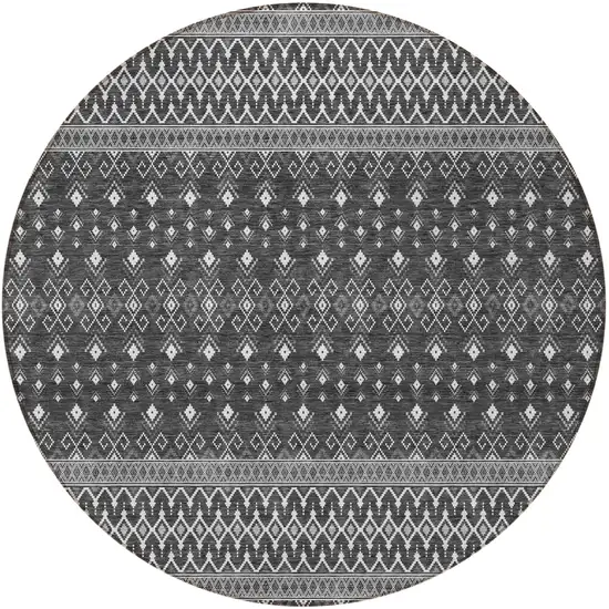 8' Gray Silver And Charcoal Round Tribal Washable Indoor Outdoor Area Rug Photo 5