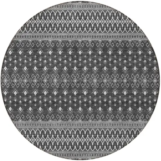 8' Gray Silver And Charcoal Round Tribal Washable Indoor Outdoor Area Rug Photo 5
