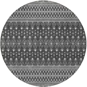Photo of 8' Gray Silver And Charcoal Round Tribal Washable Indoor Outdoor Area Rug
