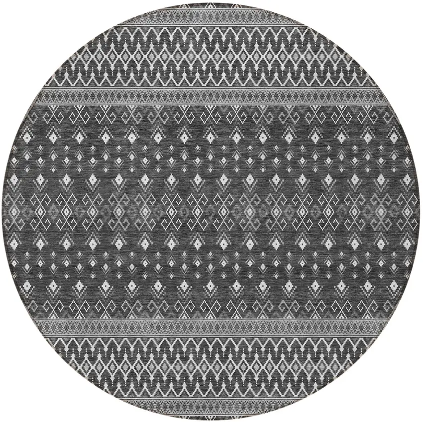 8' Gray Silver And Charcoal Round Tribal Washable Indoor Outdoor Area Rug Photo 5
