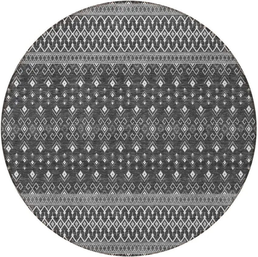 8' Gray Silver And Charcoal Round Tribal Washable Indoor Outdoor Area Rug Photo 5