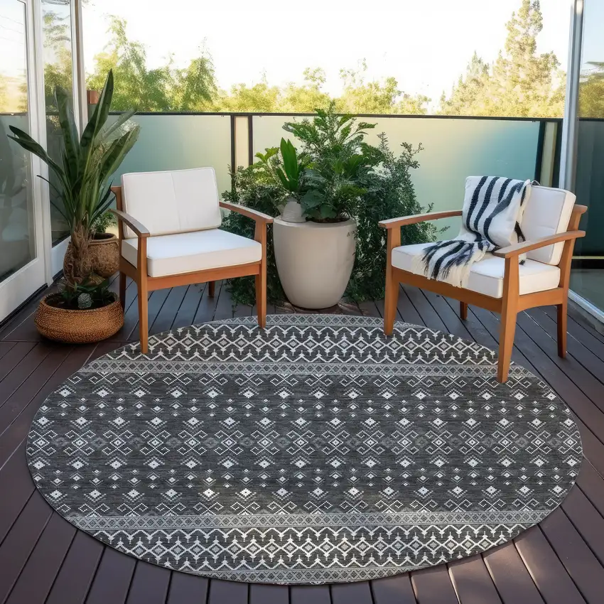 8' Gray Silver And Charcoal Round Tribal Washable Indoor Outdoor Area Rug Photo 6