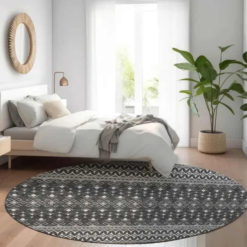 8' Gray Silver And Charcoal Round Tribal Washable Indoor Outdoor Area Rug Photo 7