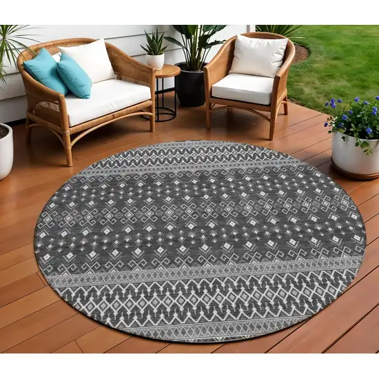 8' Gray Silver And Charcoal Round Tribal Washable Indoor Outdoor Area Rug Photo 1