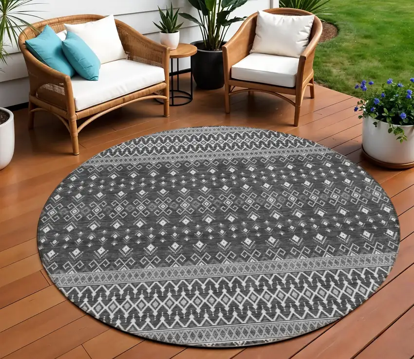 8' Gray Silver And Charcoal Round Tribal Washable Indoor Outdoor Area Rug Photo 1