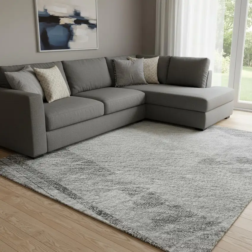 8' Gray Silver And Charcoal Striped Washable Area Rug With UV Protection Photo 2