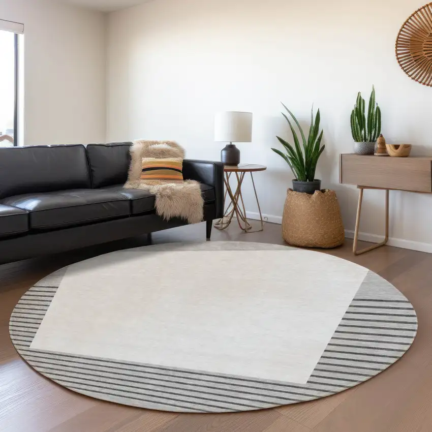 8' Gray Silver And Charcoal Striped Washable Round Rug With UV Protection Photo 4
