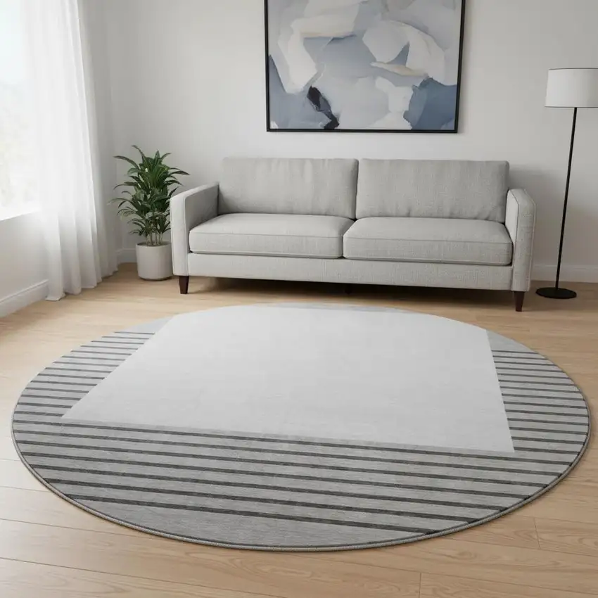 8' Gray Silver And Charcoal Striped Washable Round Rug With UV Protection Photo 2
