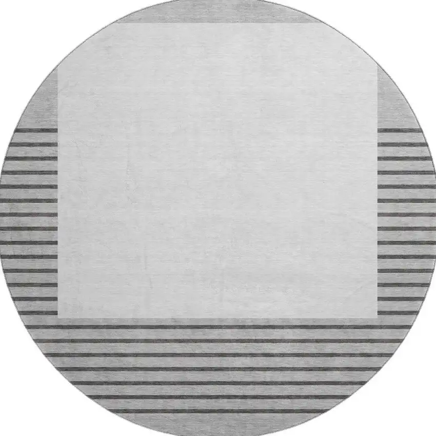 8' Gray Silver And Charcoal Striped Washable Round Rug With UV Protection Photo 2