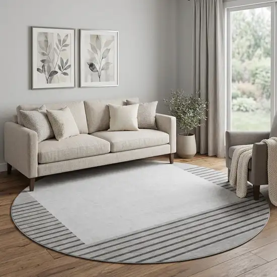 8' Gray Silver And Charcoal Striped Washable Round Rug With UV Protection Photo 1