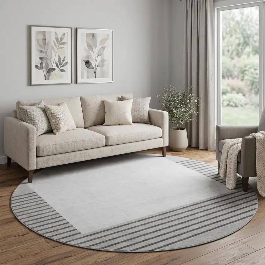 8' Gray Silver And Charcoal Striped Washable Round Rug With UV Protection Photo 1