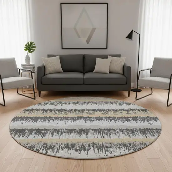 8' Gray Silver And Charcoal Striped Washable Round Rug With UV Protection Photo 2