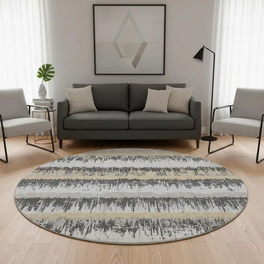 8' Gray Silver And Charcoal Striped Washable Round Rug With UV Protection Photo 2