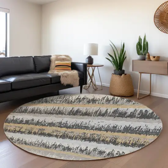 8' Gray Silver And Charcoal Striped Washable Round Rug With UV Protection Photo 4