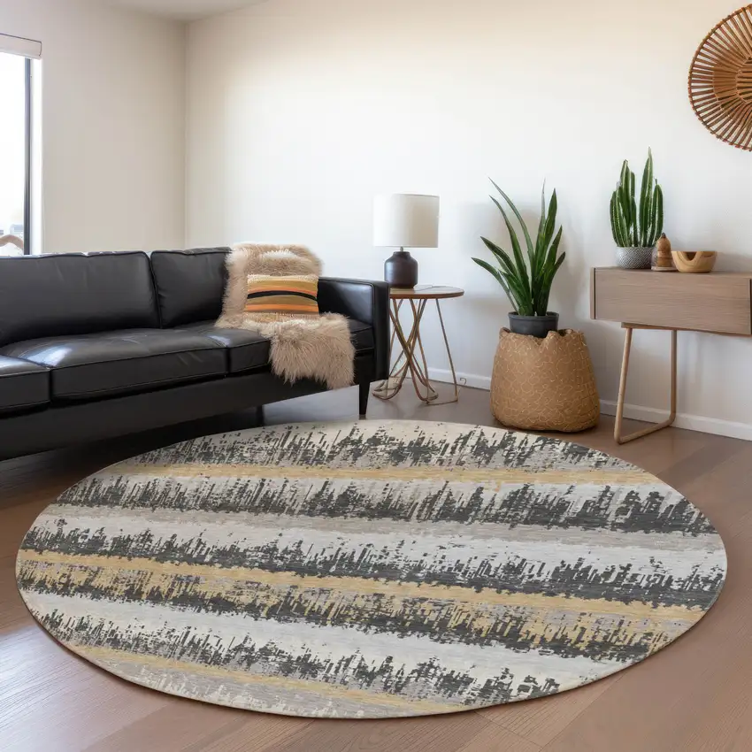 8' Gray Silver And Charcoal Striped Washable Round Rug With UV Protection Photo 4