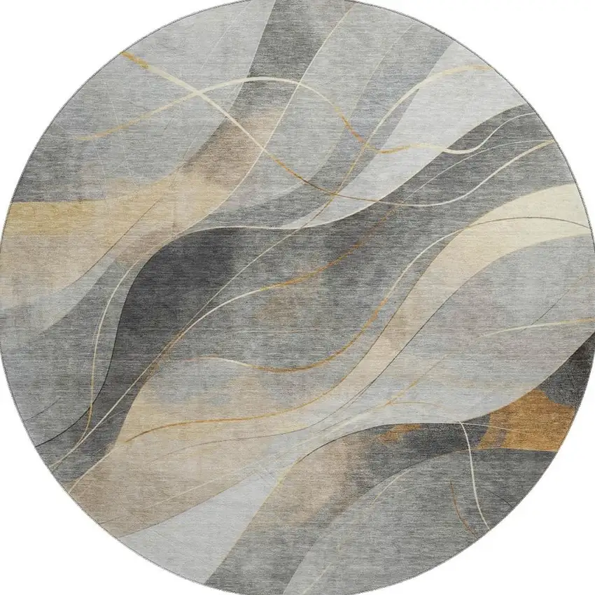 8' Gray Silver And Coral Abstract Washable Round Rug With UV Protection Photo 2