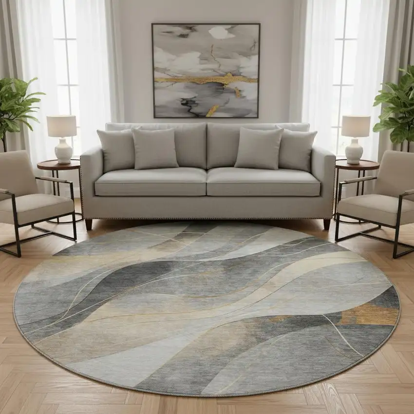 8' Gray Silver And Coral Abstract Washable Round Rug With UV Protection Photo 2