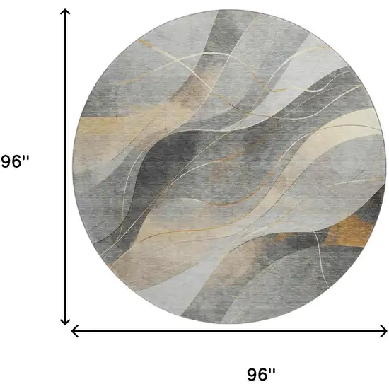 8' Gray Silver And Coral Abstract Washable Round Rug With UV Protection Photo 9
