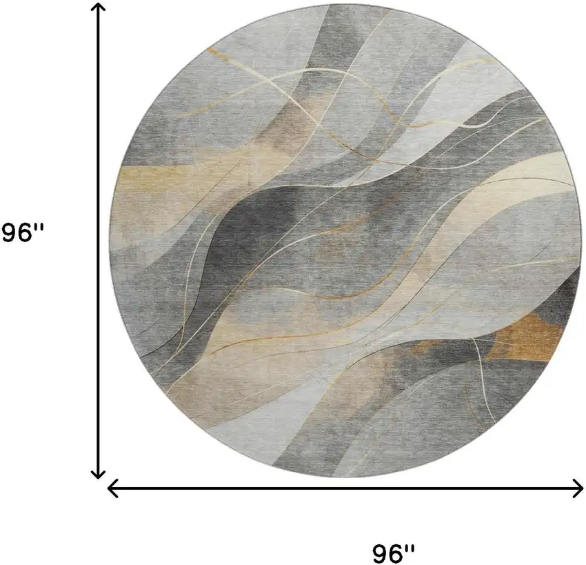 8' Gray Silver And Coral Abstract Washable Round Rug With UV Protection Photo 9