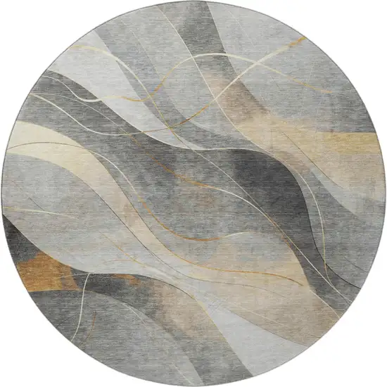 8' Gray Silver And Coral Abstract Washable Round Rug With UV Protection Photo 3