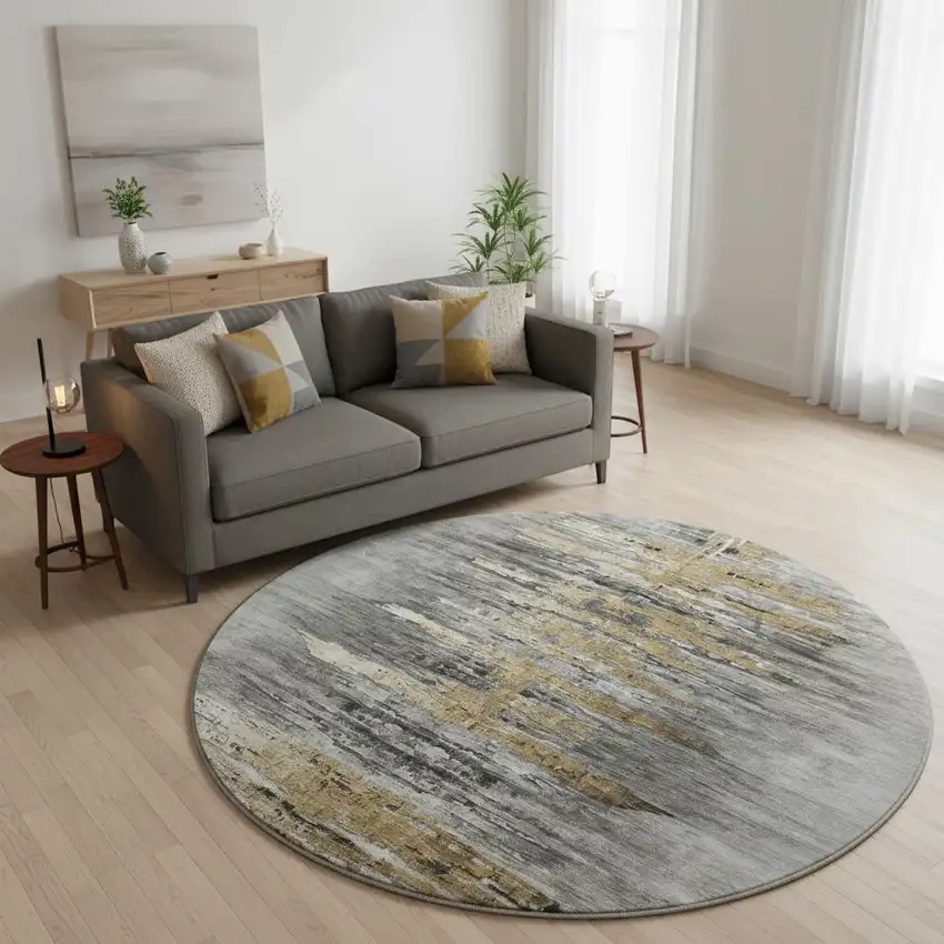 8' Gray Silver And Gold Abstract Washable Round Rug With UV Protection Photo 2