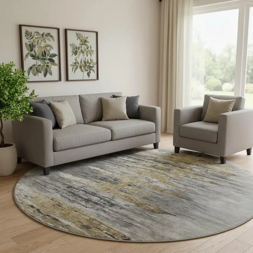 8' Gray Silver And Gold Abstract Washable Round Rug With UV Protection Photo 1
