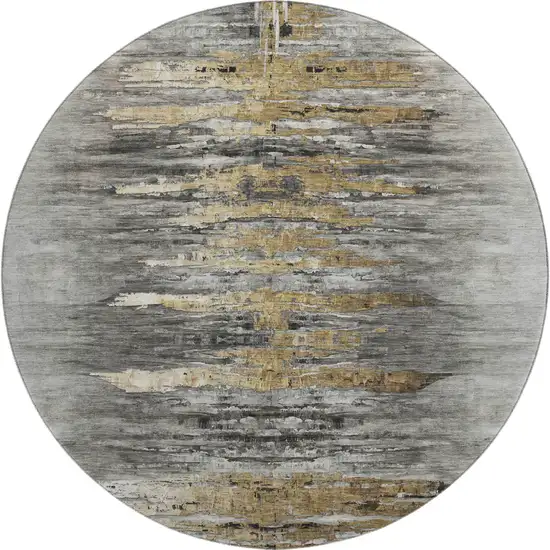 8' Gray Silver And Gold Abstract Washable Round Rug With UV Protection Photo 1