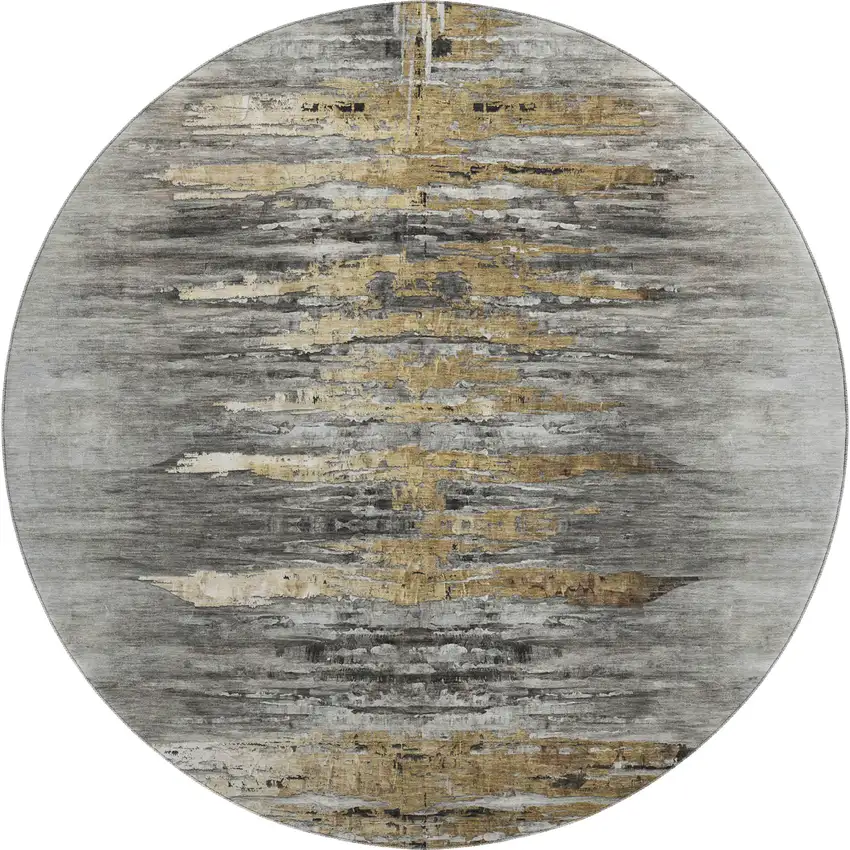 8' Gray Silver And Gold Abstract Washable Round Rug With UV Protection Photo 1