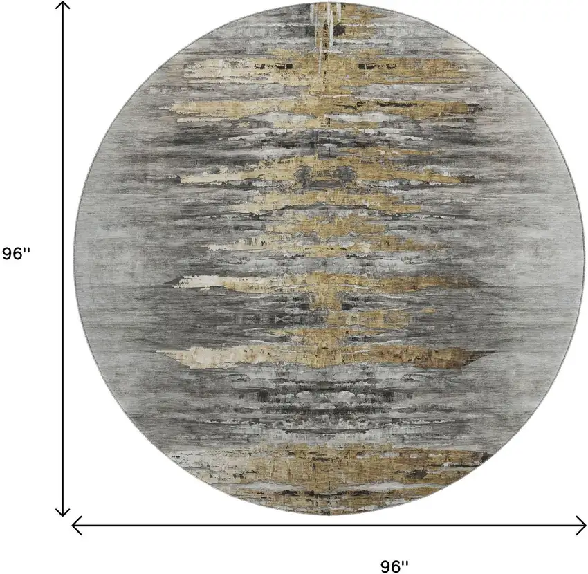 8' Gray Silver And Gold Abstract Washable Round Rug With UV Protection Photo 3