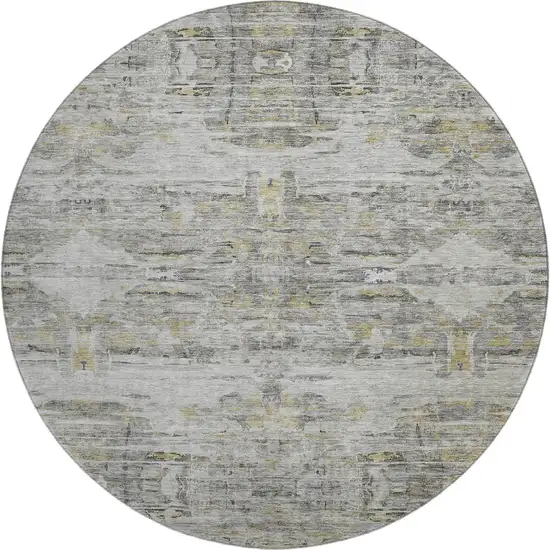8' Gray Silver And Gold Abstract Washable Round Rug With UV Protection Photo 1