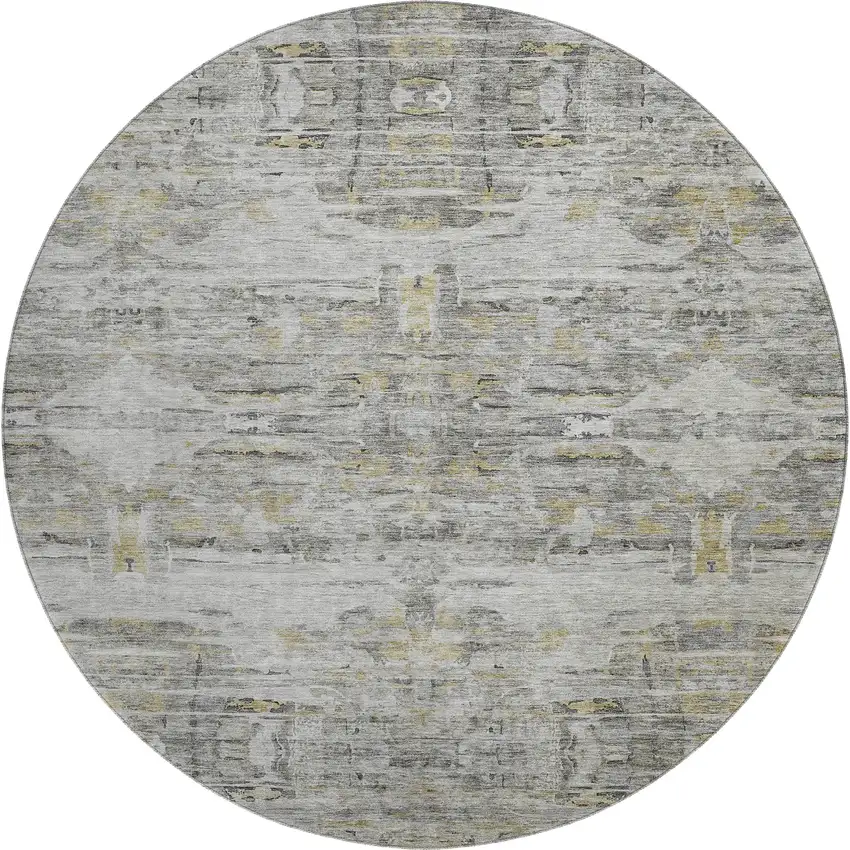 8' Gray Silver And Gold Abstract Washable Round Rug With UV Protection Photo 1