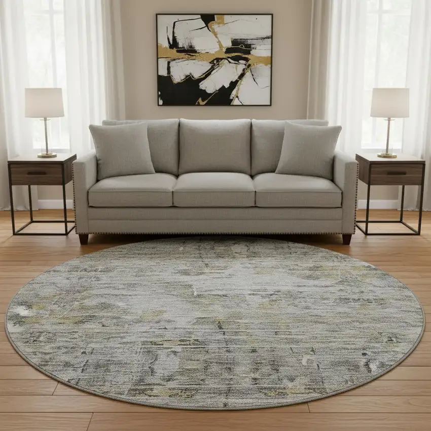 8' Gray Silver And Gold Abstract Washable Round Rug With UV Protection Photo 2