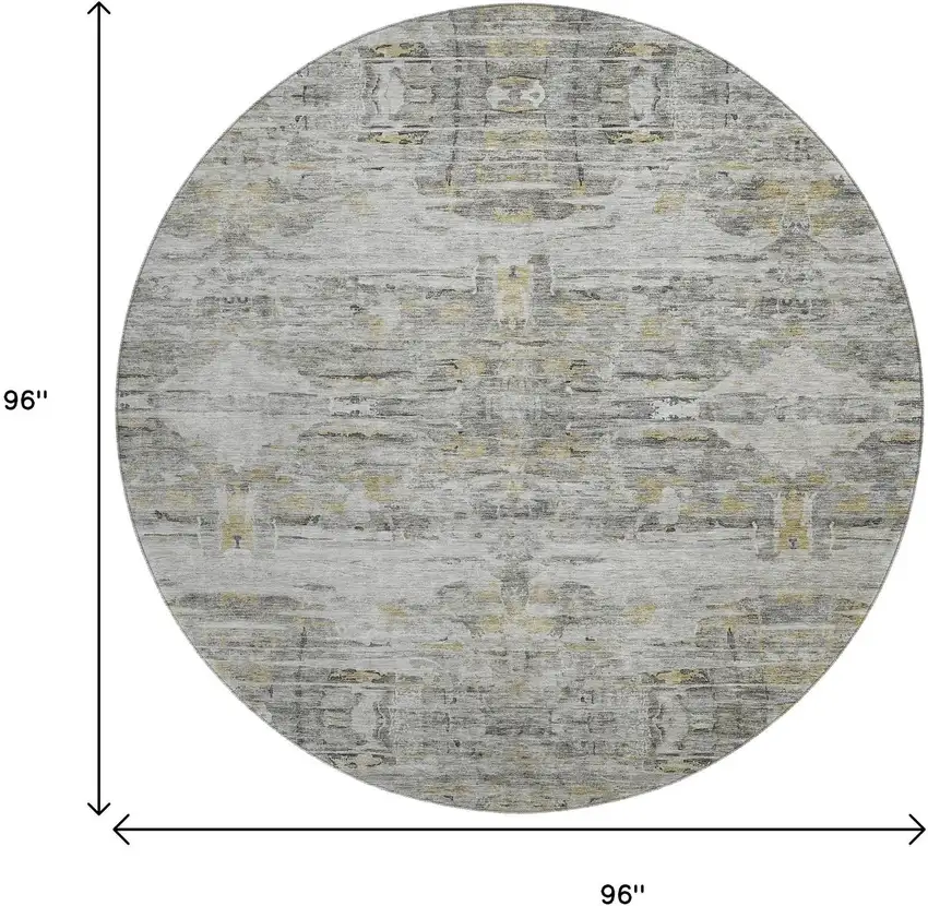 8' Gray Silver And Gold Abstract Washable Round Rug With UV Protection Photo 9