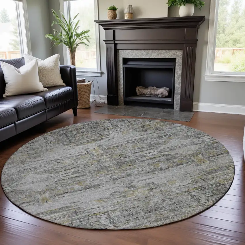 8' Gray Silver And Gold Abstract Washable Round Rug With UV Protection Photo 4