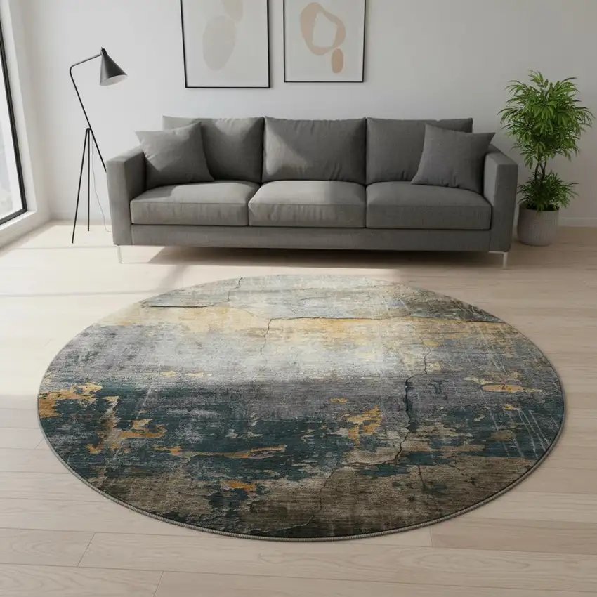 8' Gray Silver And Gold Abstract Washable Round Rug With UV Protection Photo 2