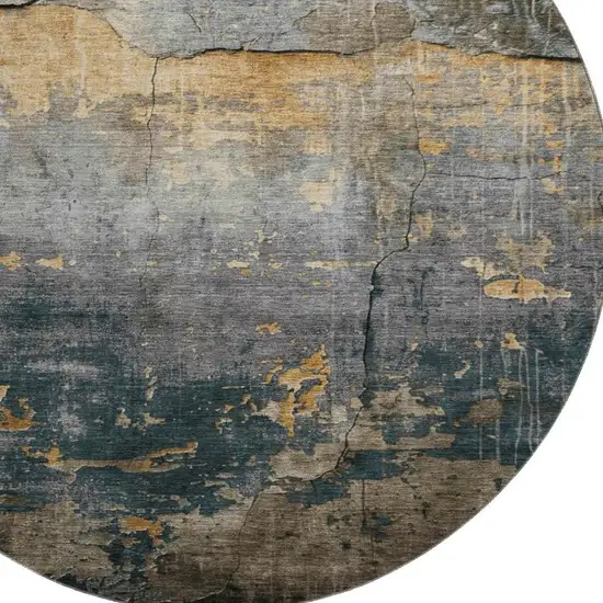 8' Gray Silver And Gold Abstract Washable Round Rug With UV Protection Photo 2