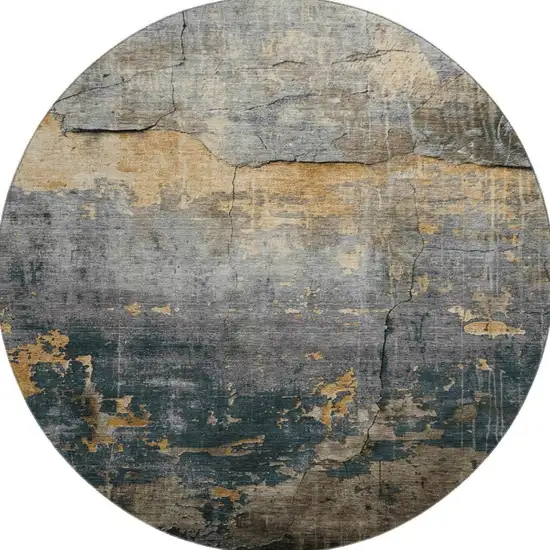 8' Gray Silver And Gold Abstract Washable Round Rug With UV Protection Photo 3