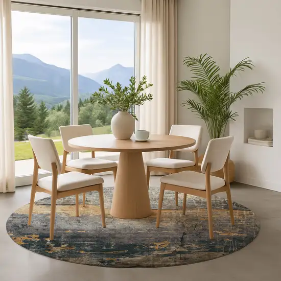 8' Gray Silver And Gold Abstract Washable Round Rug With UV Protection Photo 4