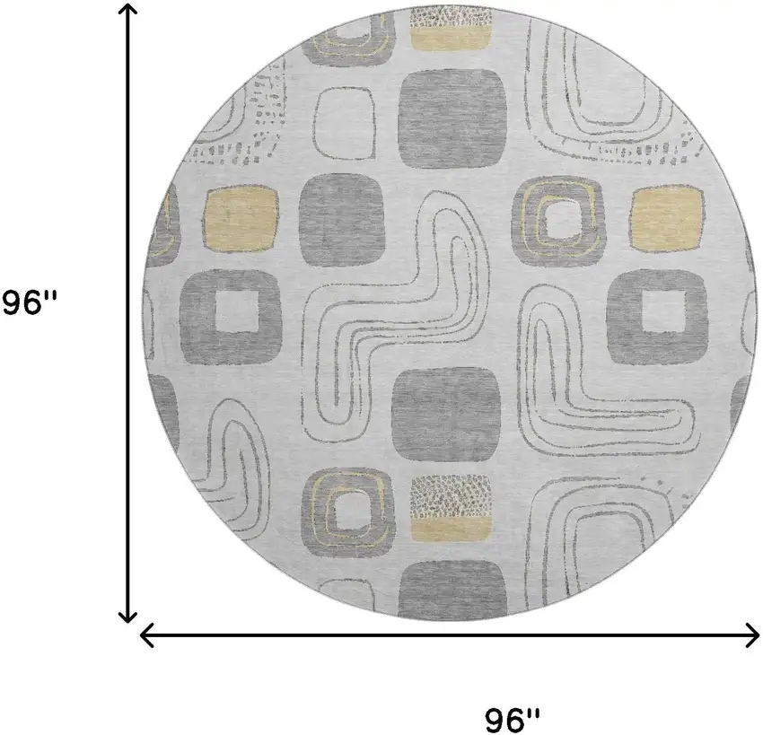 8' Gray Silver And Gold Geometric Washable Round Rug With UV Protection Photo 9