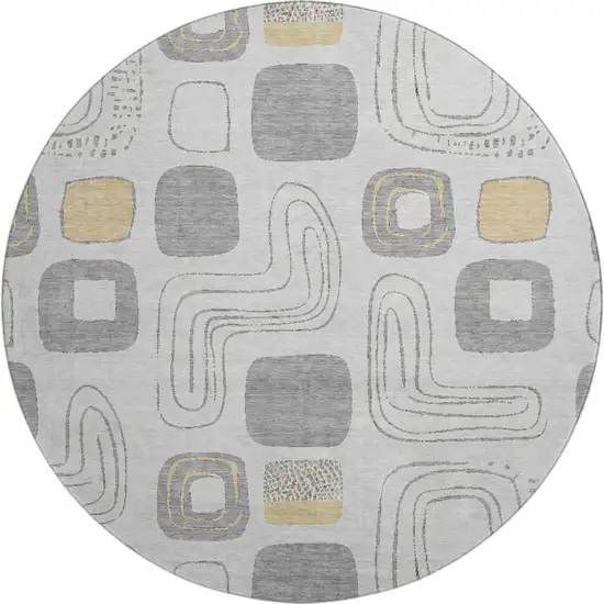 8' Gray Silver And Gold Geometric Washable Round Rug With UV Protection Photo 1