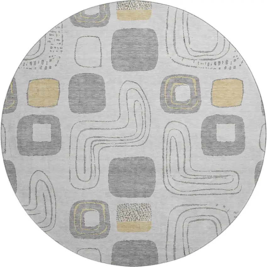 8' Gray Silver And Gold Geometric Washable Round Rug With UV Protection Photo 1