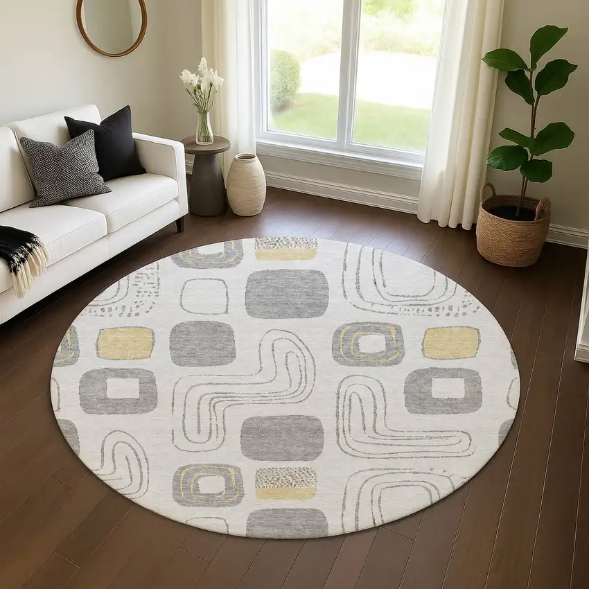 8' Gray Silver And Gold Geometric Washable Round Rug With UV Protection Photo 4