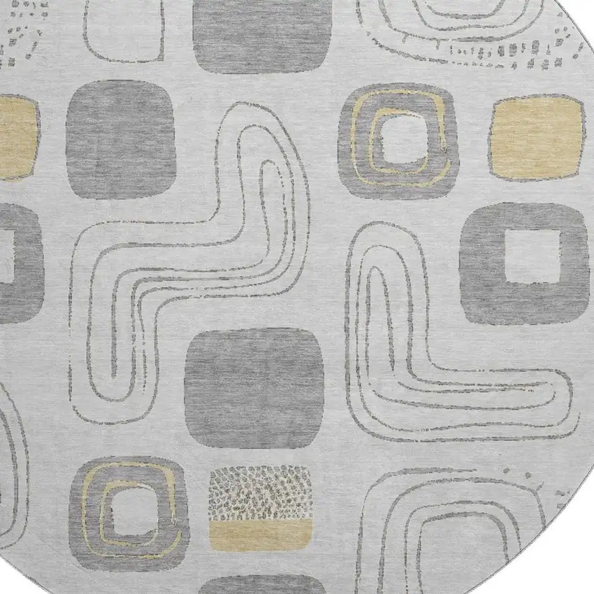 8' Gray Silver And Gold Geometric Washable Round Rug With UV Protection Photo 2