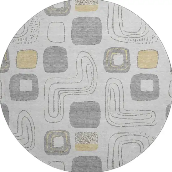 8' Gray Silver And Gold Geometric Washable Round Rug With UV Protection Photo 3