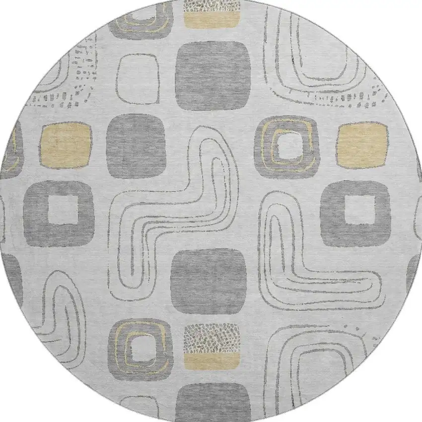 8' Gray Silver And Gold Geometric Washable Round Rug With UV Protection Photo 3