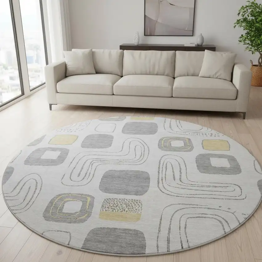 8' Gray Silver And Gold Geometric Washable Round Rug With UV Protection Photo 2