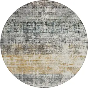 Photo of 8' Gray Silver And Gold Round Striped Washable Indoor Outdoor Area Rug