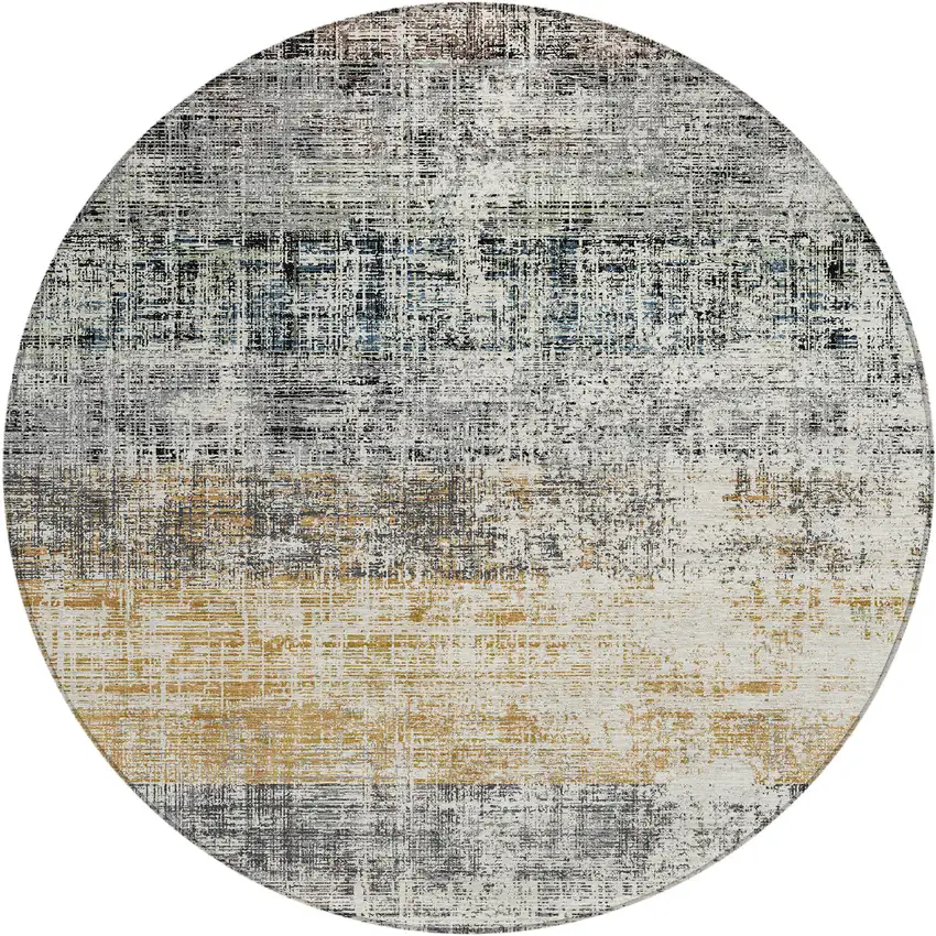 8' Gray Silver And Gold Round Striped Washable Indoor Outdoor Area Rug Photo 1